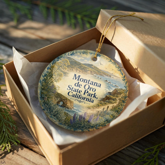 A decorative ornament in a wooden box, featuring a scenic landscape with mountains, water, and greenery.