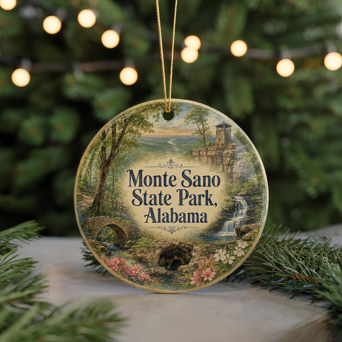 A round ornament with a scenic landscape of Monte Sano State Park, Alabama, featuring a bridge, waterfall, and trees.