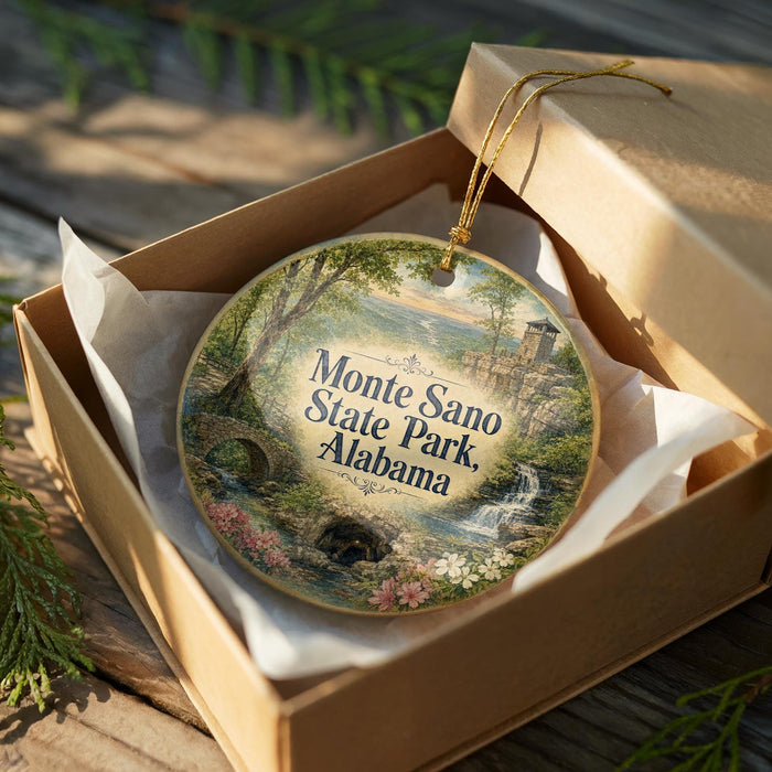 A decorative ornament in a wooden box, featuring a scenic landscape with a waterfall and trees, with the text "Monte Sano State Park, Alabama" printed on it.