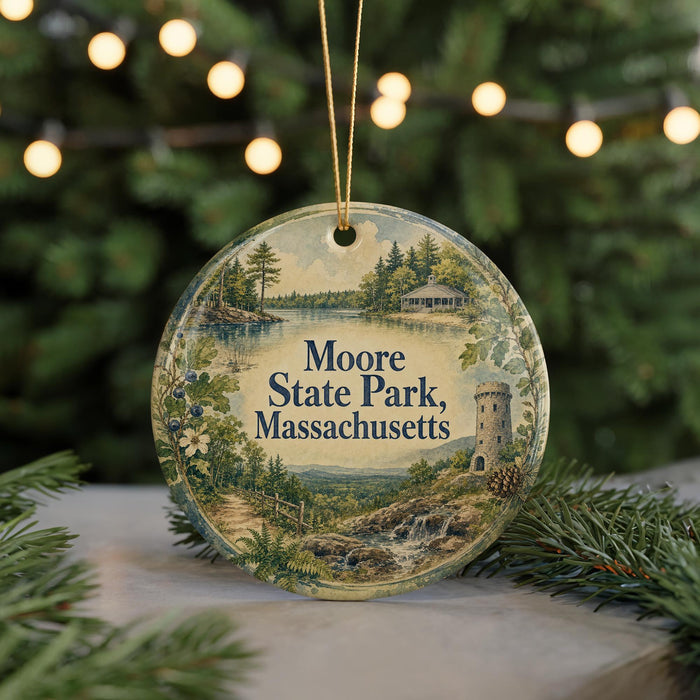 A round ornament with a scenic landscape of Moore State Park, Massachusetts, featuring a castle, trees, and a lake.