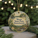 A round ornament with a scenic landscape of Moore State Park, Massachusetts, featuring a castle, trees, and a lake.