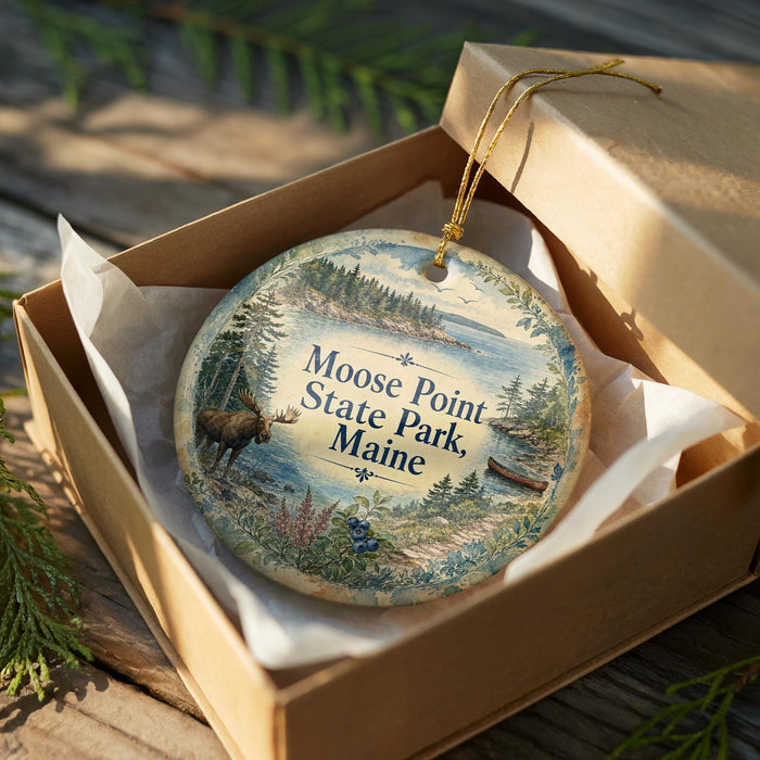 A decorative ornament in a wooden box, featuring a moose and a scenic landscape, with the text "Moose Point State Park, Maine" on it.