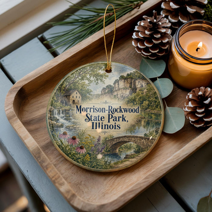 A decorative ornament featuring a scenic landscape of Morison-Rockwood State Park, Illinois, with a bridge and pine cones on a wooden tray.