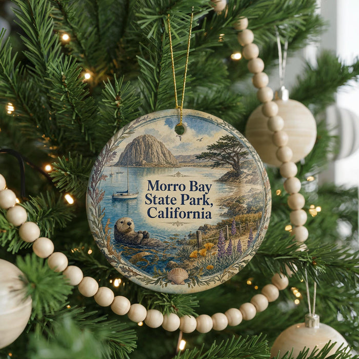 A round ornament hanging on a Christmas tree, featuring a scenic landscape with a mountain, ocean, and a bear.