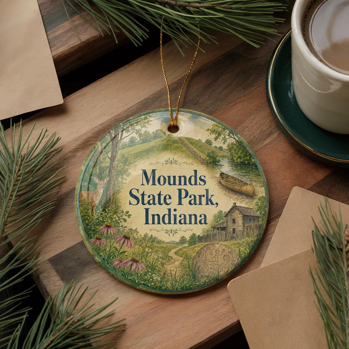 A circular ornament with a scenic illustration of Mounds State Park, Indiana, featuring a house, a canoe, and a path through a forest.