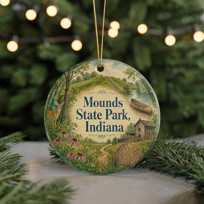 A round ornament with a scenic illustration of Mounds State Park, Indiana, featuring a path, a house, and a canoe on a lake.