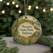 A round ornament with a scenic illustration of Mounds State Park, Indiana, featuring a path, a house, and a canoe on a lake.