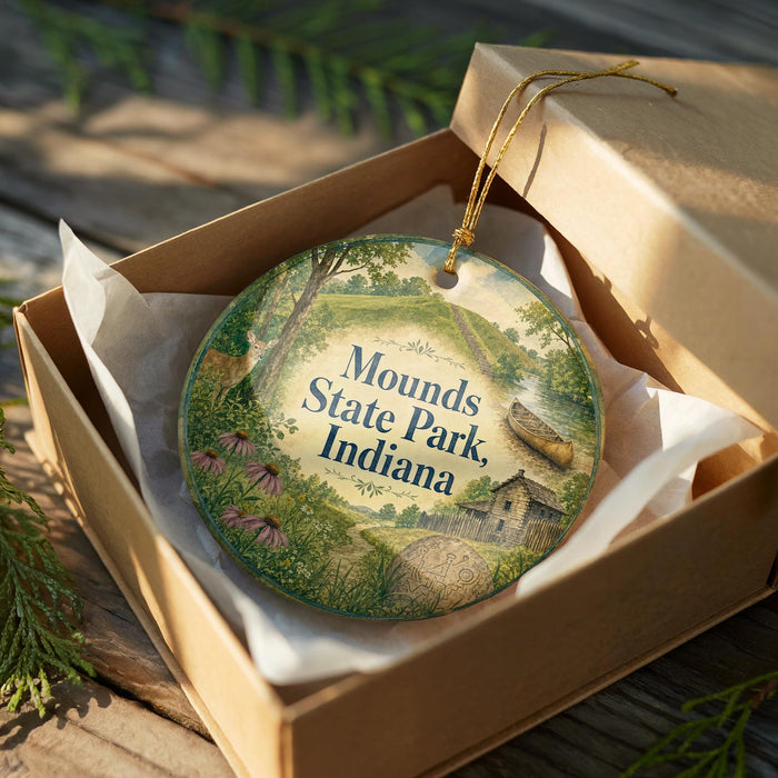 A decorative ornament in a brown box, featuring a scenic landscape with a house, trees, and a boat, with the text "Mounds State Park, Indiana" prominently displayed.