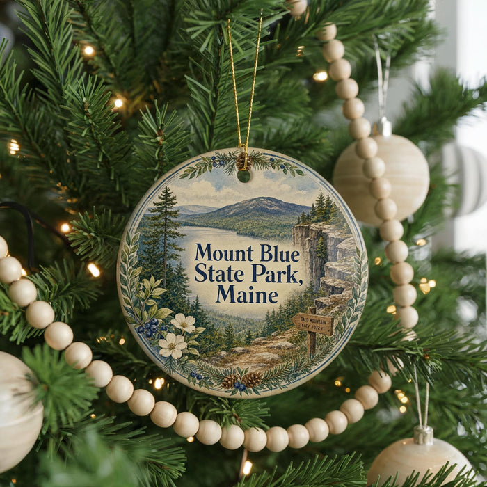 A round ornament hanging on a Christmas tree, featuring a scenic landscape with mountains and pine trees.