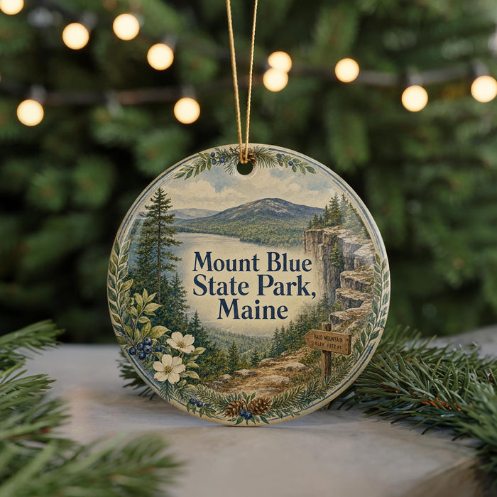 A round ornament with a scenic mountain landscape and pine trees, featuring the text "Mount Blue State Park, Maine" and a sign that reads "Baldie Mountain".