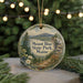 A round ornament with a scenic mountain landscape and pine trees, featuring the text "Mount Blue State Park, Maine" and a sign that reads "Baldie Mountain".