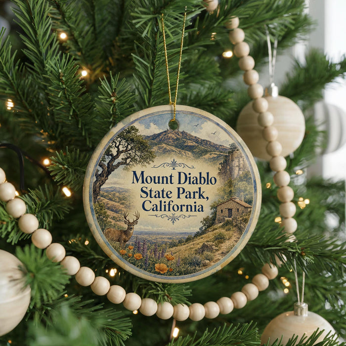 A round ornament hanging on a Christmas tree, featuring a scenic image of Mount Diablo State Park, California.