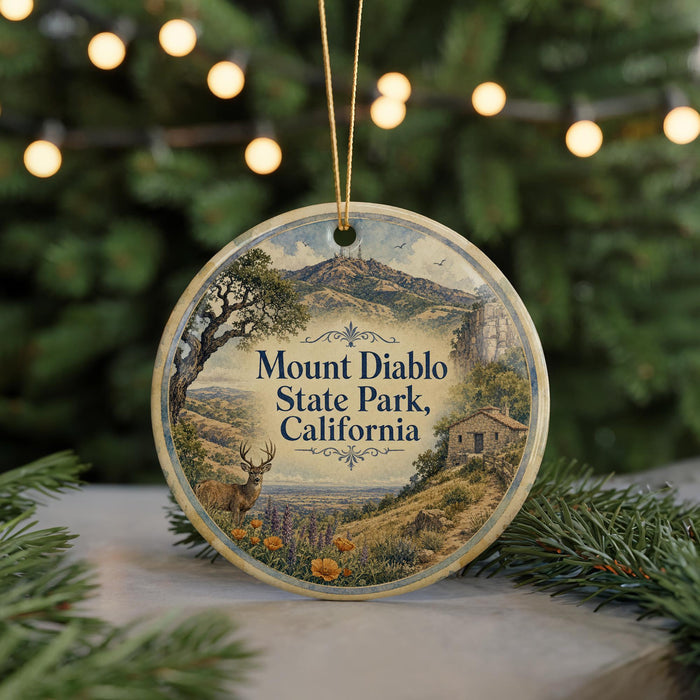 A round ornament with a scenic landscape of Mount Diablo State Park, California, featuring a deer, mountains, and a house.