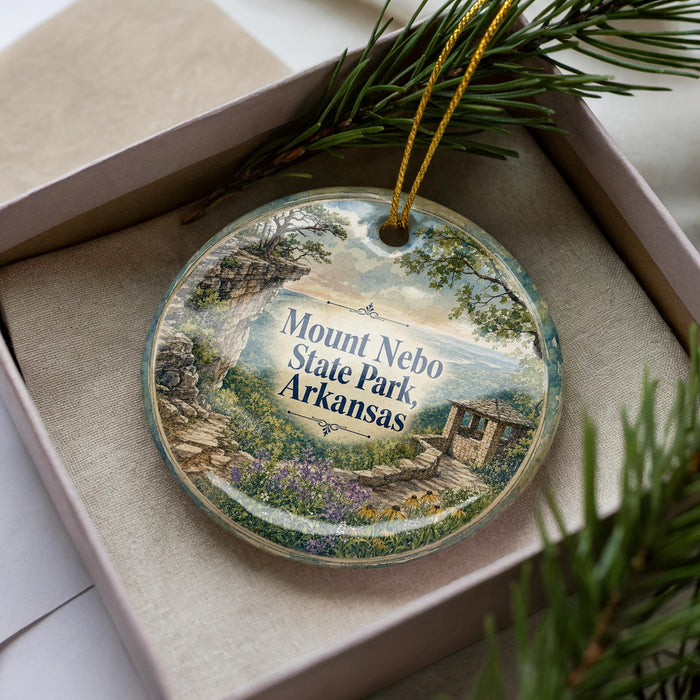 A decorative ornament in a box, featuring a scenic landscape with a house, trees, and mountains.