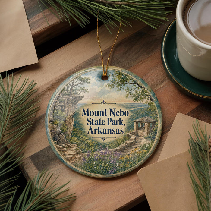 A decorative ornament featuring a scenic landscape of Mount Neb, Arkansas, with a cabin and trees in the background.
