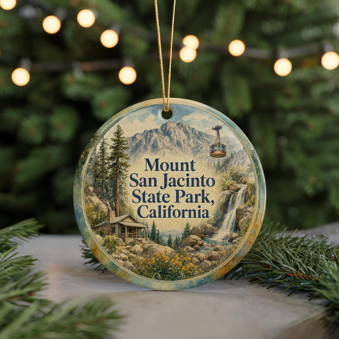 A round ornament with a scenic mountain landscape and a waterfall, featuring the text "Mount San Jacinto State Park, California".