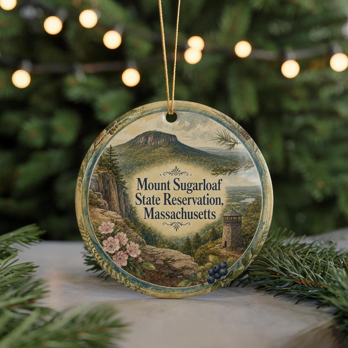 A round ornament with a scenic mountain landscape and text that reads "Mount Sugarloaf State Reserve, Massachusetts".