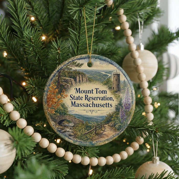A round ornament on a Christmas tree, featuring a scenic landscape with a castle, trees, and a body of water.
