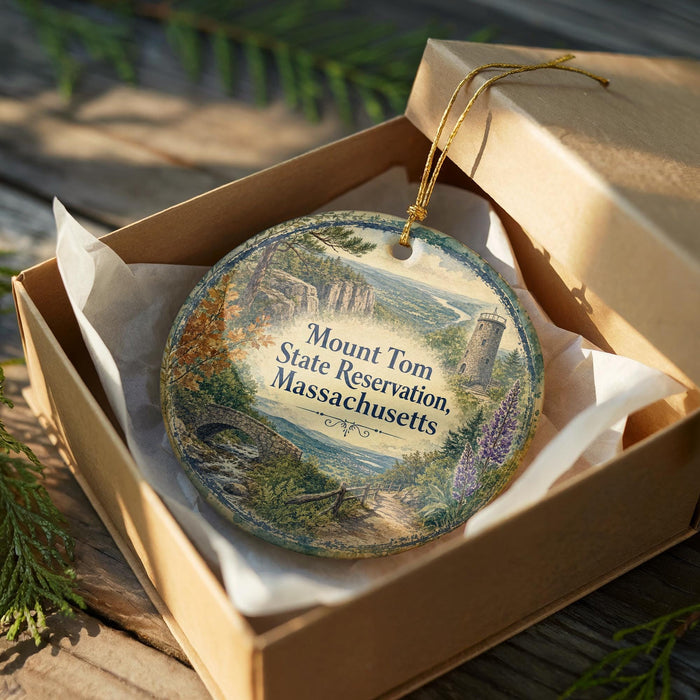 A round ornament in a box, featuring a scenic landscape with a castle, trees, and a body of water.