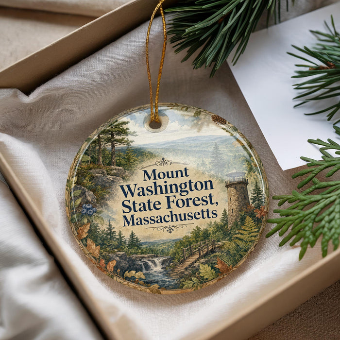 A decorative ornament with a scenic mountain landscape and pine trees, placed in a box with pine branches.