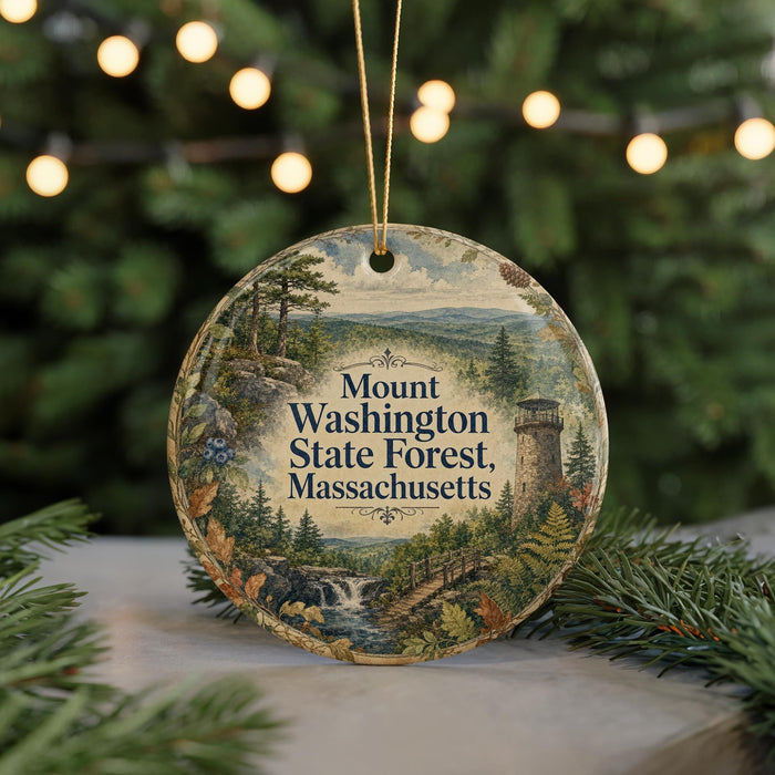 A round ornament with a scenic landscape of a forest and a waterfall, featuring the text "Mount Washington State Forest, Massachusetts" on it.