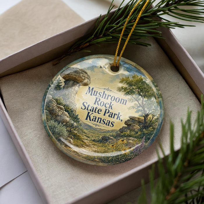 A decorative ornament with a landscape scene featuring a mushroom rock formation, surrounded by pine branches and greenery.