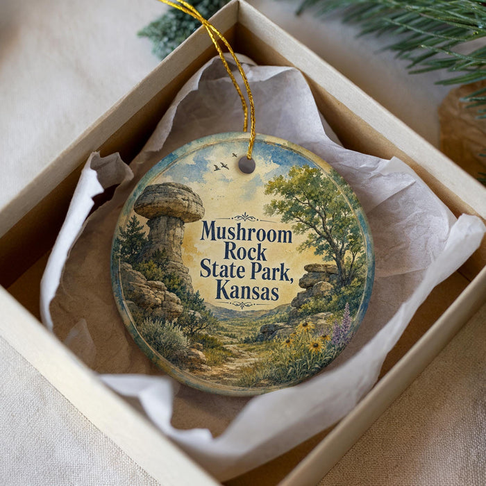 A decorative ornament in a box, featuring a mushroom-shaped design and text that reads "Mushroom Rock State Park, Kansas".