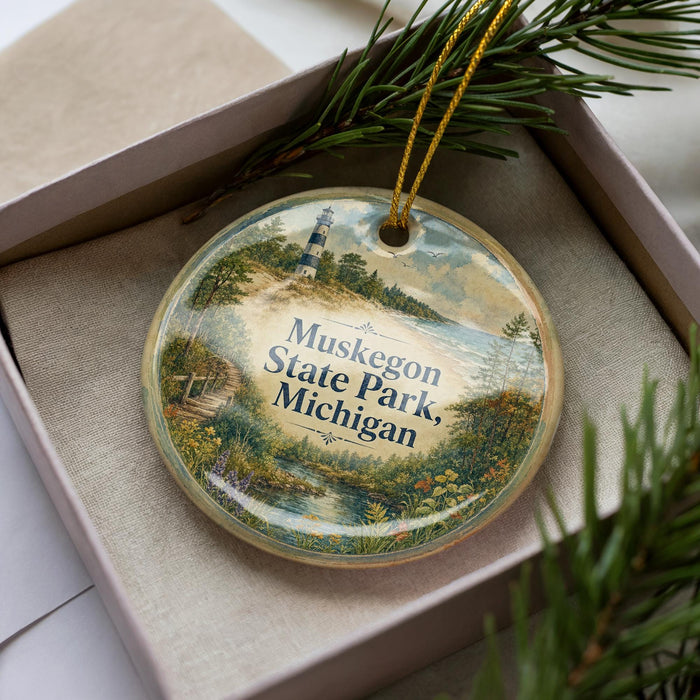 A decorative ornament in a box, featuring a lighthouse and a scenic landscape, with the text "Muskegon State Park, Michigan" prominently displayed.