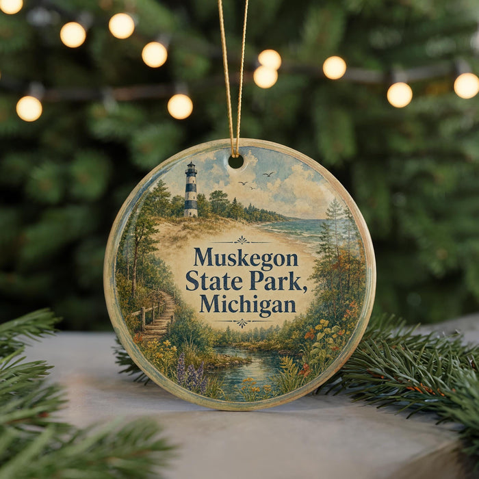 A circular ornament with a lighthouse and a scenic landscape, featuring the text "Muskegon State Park, Michigan" on it.
