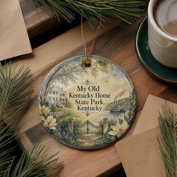 A decorative ornament with a painting of a house and a river, surrounded by greenery, hangs on a wooden surface.