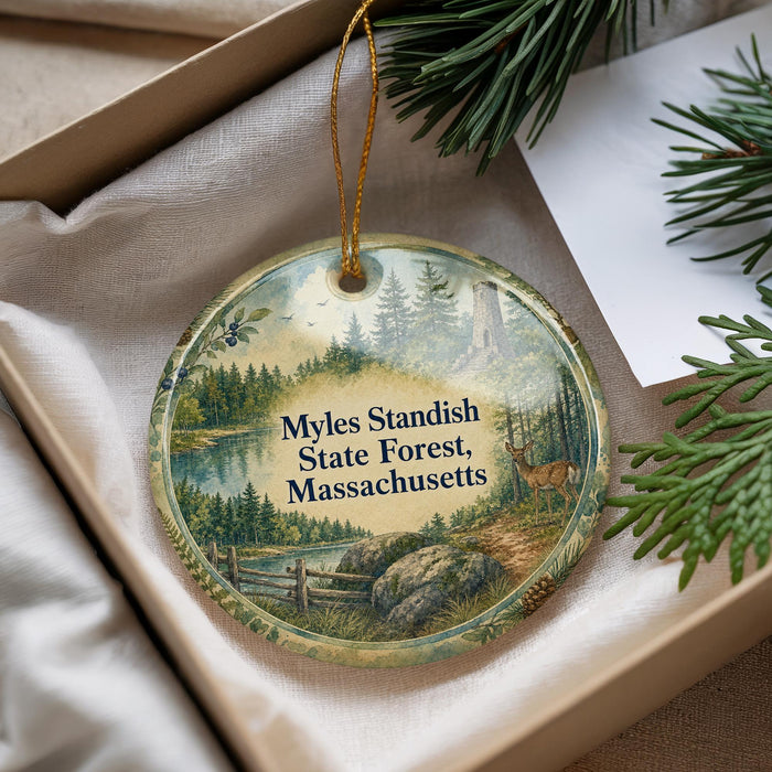 A round ornament with a forest scene and deer, hanging from a string, placed inside a box with pine branches.