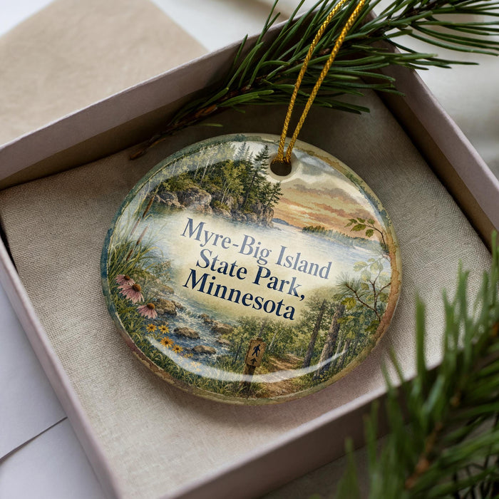 A decorative ornament in a box, featuring a scenic landscape of Myre-Big Island, Minnesota Park, with pine trees and a body of water in the background.