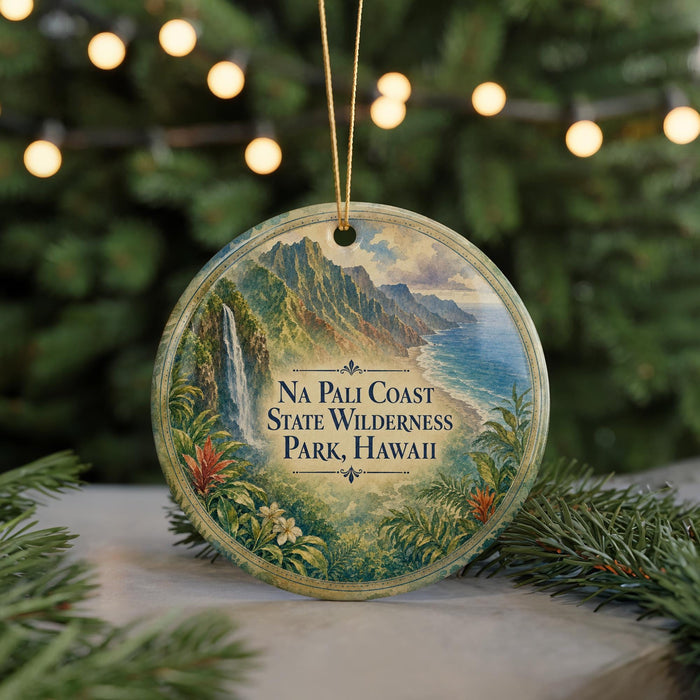 A circular ornament with a scenic image of the Na Pali Coast State Wilderness Park in Hawaii, featuring a waterfall and lush vegetation.