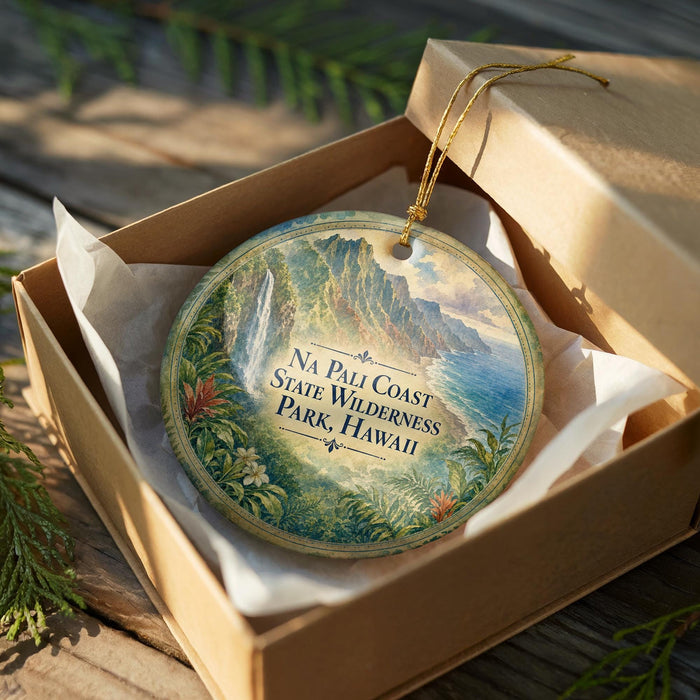 A round ornament in a box, featuring a scenic image of the Na Pali Coast State Wilderness Park in Hawaii.