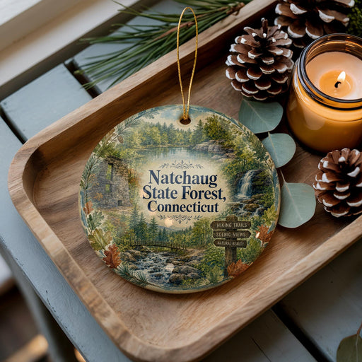 A decorative ornament featuring a scenic landscape of the Natchaug State Forest in Connecticut, with pine cones and a lit candle on a wooden tray.