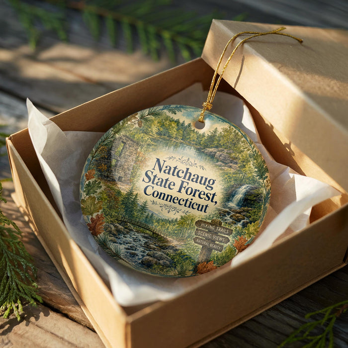 A decorative ornament in a wooden box, featuring a scenic landscape with a waterfall and forest.