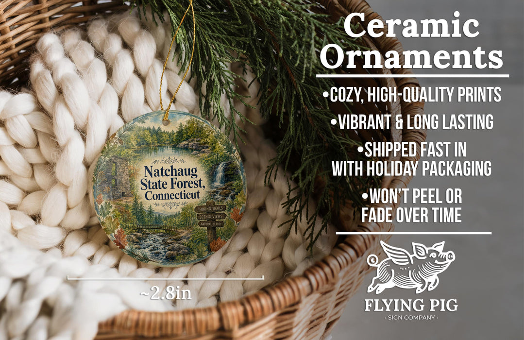 Ceramic ornaments, featuring a scenic image of the Natchaug State Forest, Connecticut, hanging from a wicker basket.