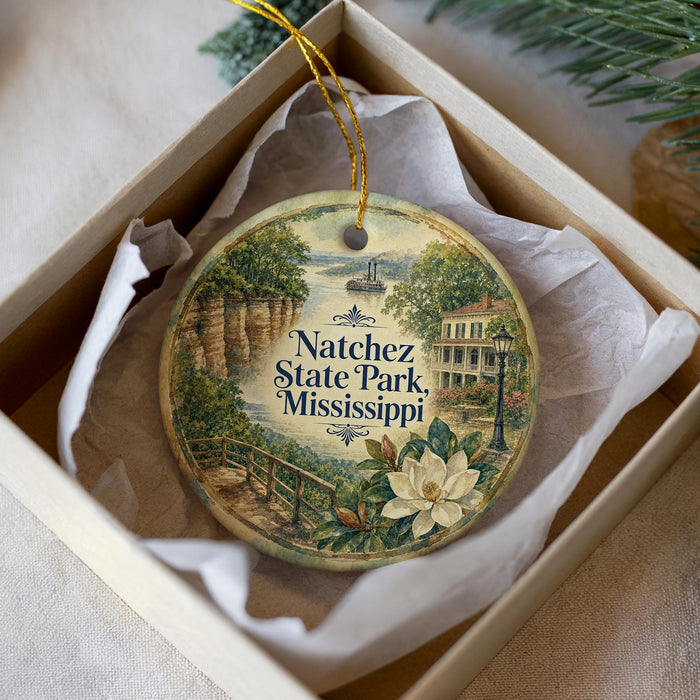A decorative ornament in a box, featuring a scenic illustration of a park with a bridge, trees, and a house.