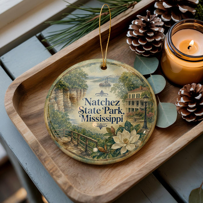 A decorative ornament featuring a scenic image of a park, with the text "Notchez State Park, Mississippi" prominently displayed. The ornament is placed on a wooden tray, surrounded by pine cones and a lit candle, creating a cozy and festive atmosphere.