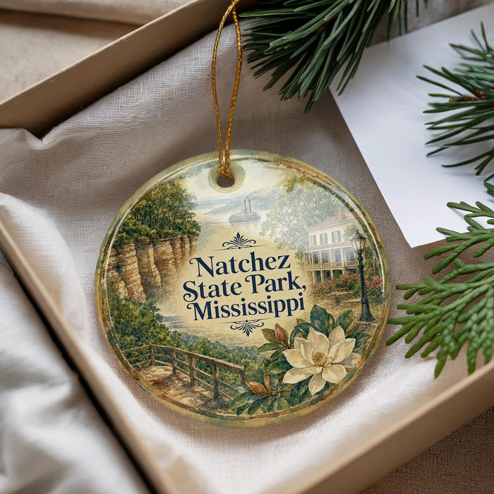 A decorative ornament with a scenic image of a park, featuring a bridge, trees, and a house, is displayed in a box with pine branches.