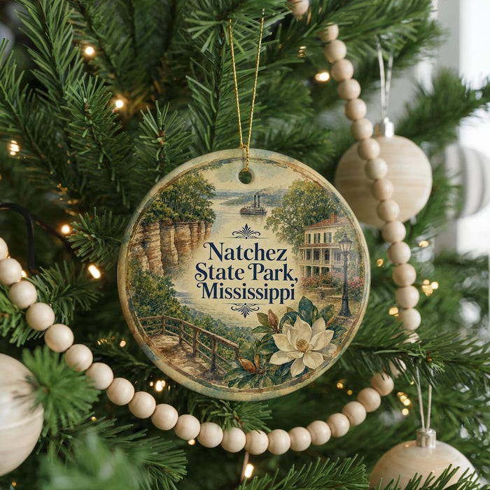 A round ornament hanging on a Christmas tree, featuring a scenic image of Natchez State Park, Mississippi.