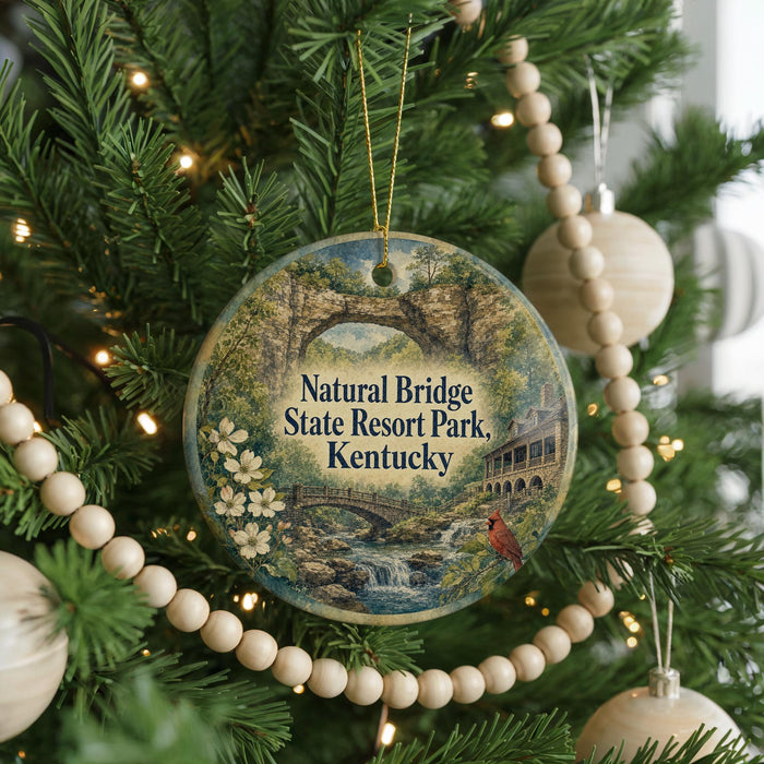 A round ornament hanging on a Christmas tree, featuring a scenic landscape with a bridge, trees, and a bird.