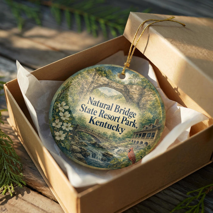 A decorative ornament in a box, featuring a scenic image of the Natural Bridge State Resort Park in Kentucky.