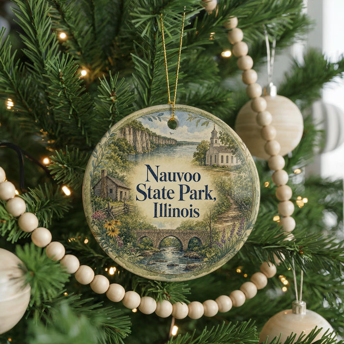 A round ornament hanging on a Christmas tree, featuring a scenic illustration of a park with a bridge and a church.