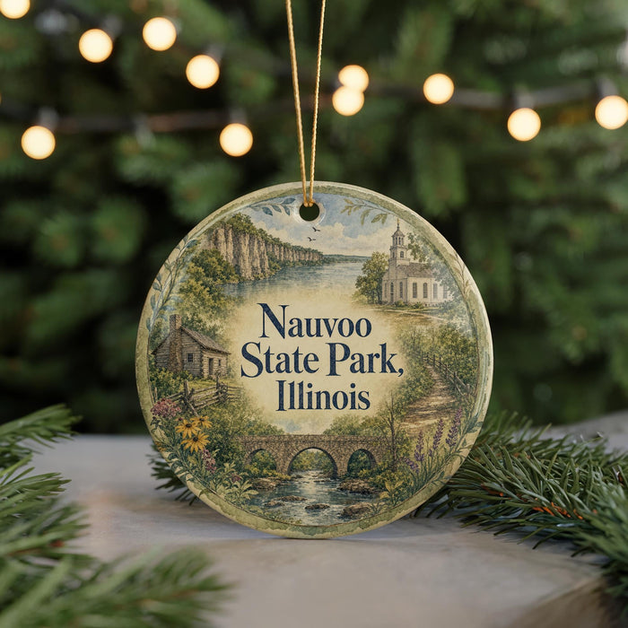 A round ornament with a scenic illustration of a park, featuring a bridge, trees, and a church, is displayed in front of a blurred background with twinkling lights.