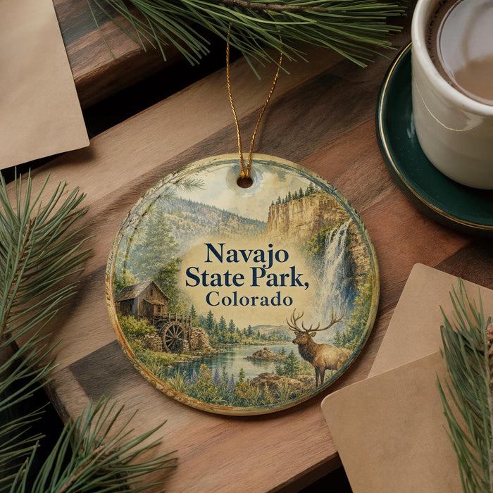 A round ornament with a scenic image of a waterfall and a cabin, surrounded by pine branches, sits on a wooden surface.