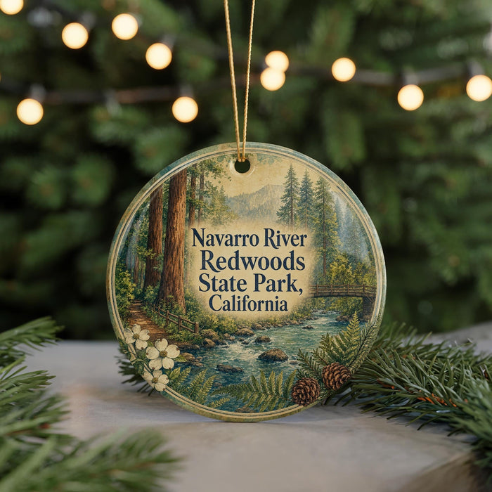 A round ornament with a scenic image of the Navarro River and Redwoods State Park in California, surrounded by pine branches and greenery.