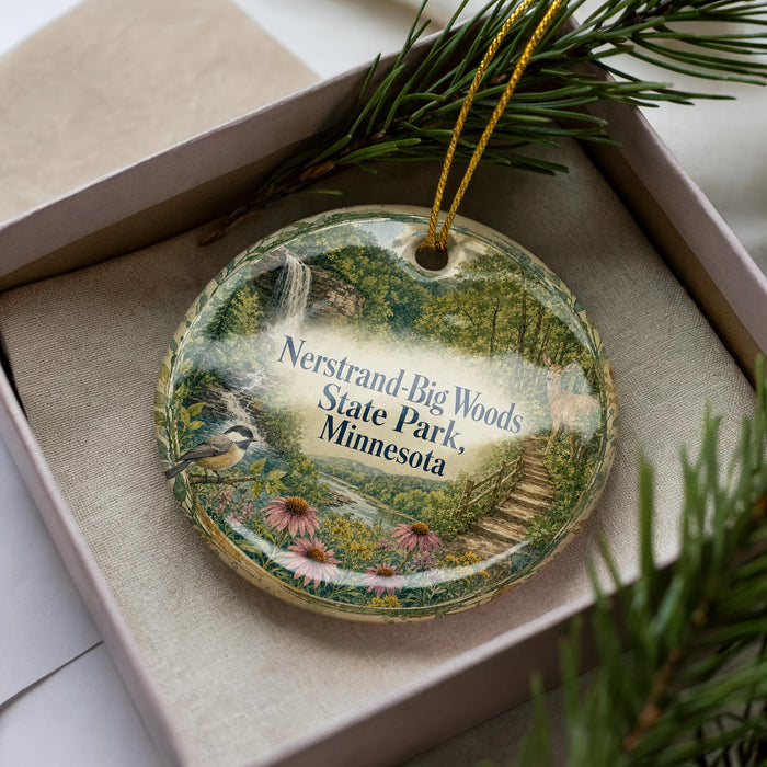 A decorative ornament in a box, featuring a scenic landscape with a waterfall, pine trees, and flowers.