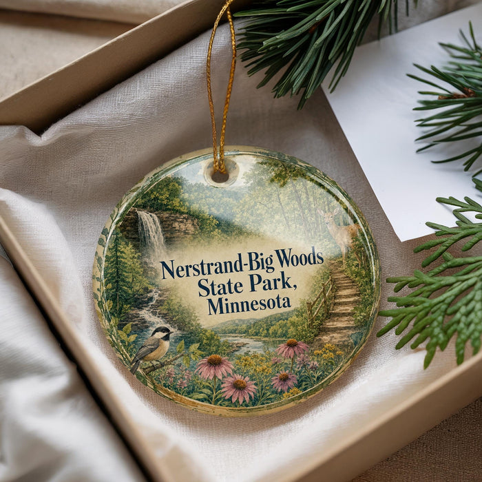 A decorative ornament with a scenic landscape of Nerstrand-Big Woods State Park, Minnesota, featuring a waterfall, pine trees, and colorful flowers.