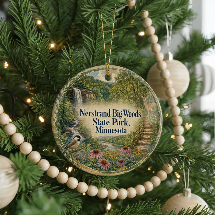 A round ornament hanging on a Christmas tree, featuring a scenic image of a waterfall surrounded by flowers and greenery.